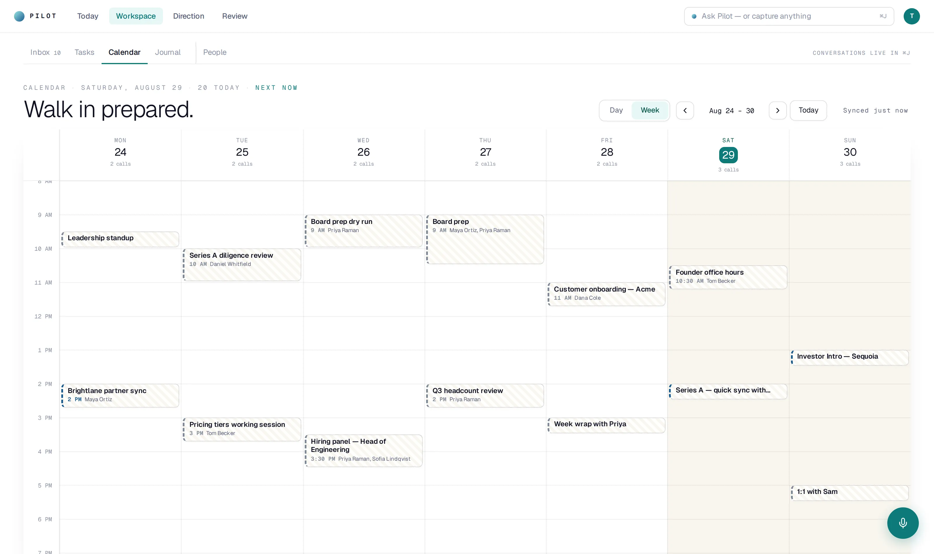 Calendar week view with prepared meetings across the business week