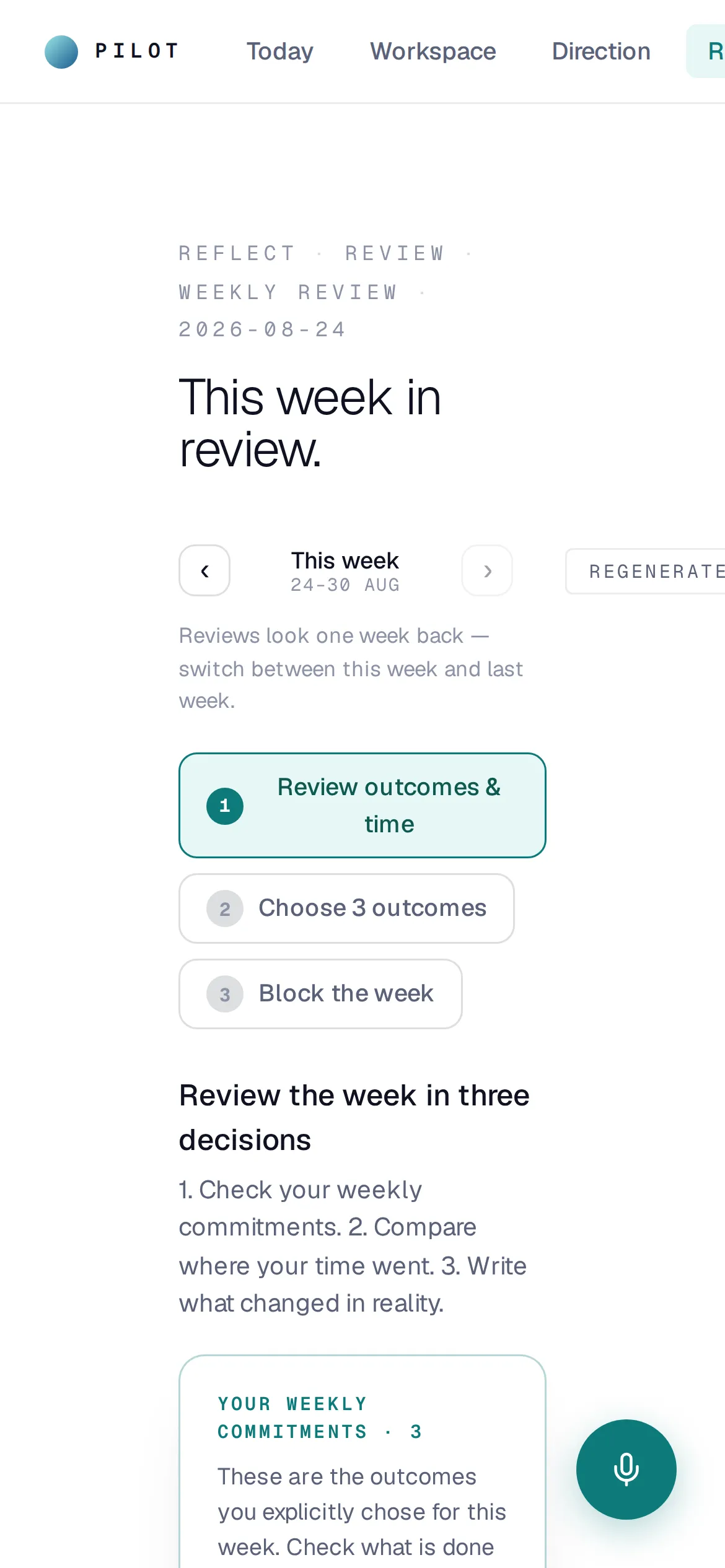 Weekly review at phone width: commitments kept, step by step
